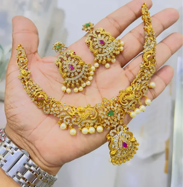 Gold Plated Indian Diamond Cut Necklace with Earrings - Image 2